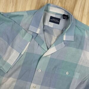 True Vintage Mervyns Plaid Loop Collar Short Sleeve Button Shirt Blue L Disco